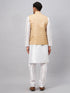 Vastramay Men's Beige Matka Silk Nehru Jacket With White Silk Blend Kurta Pyjama Set